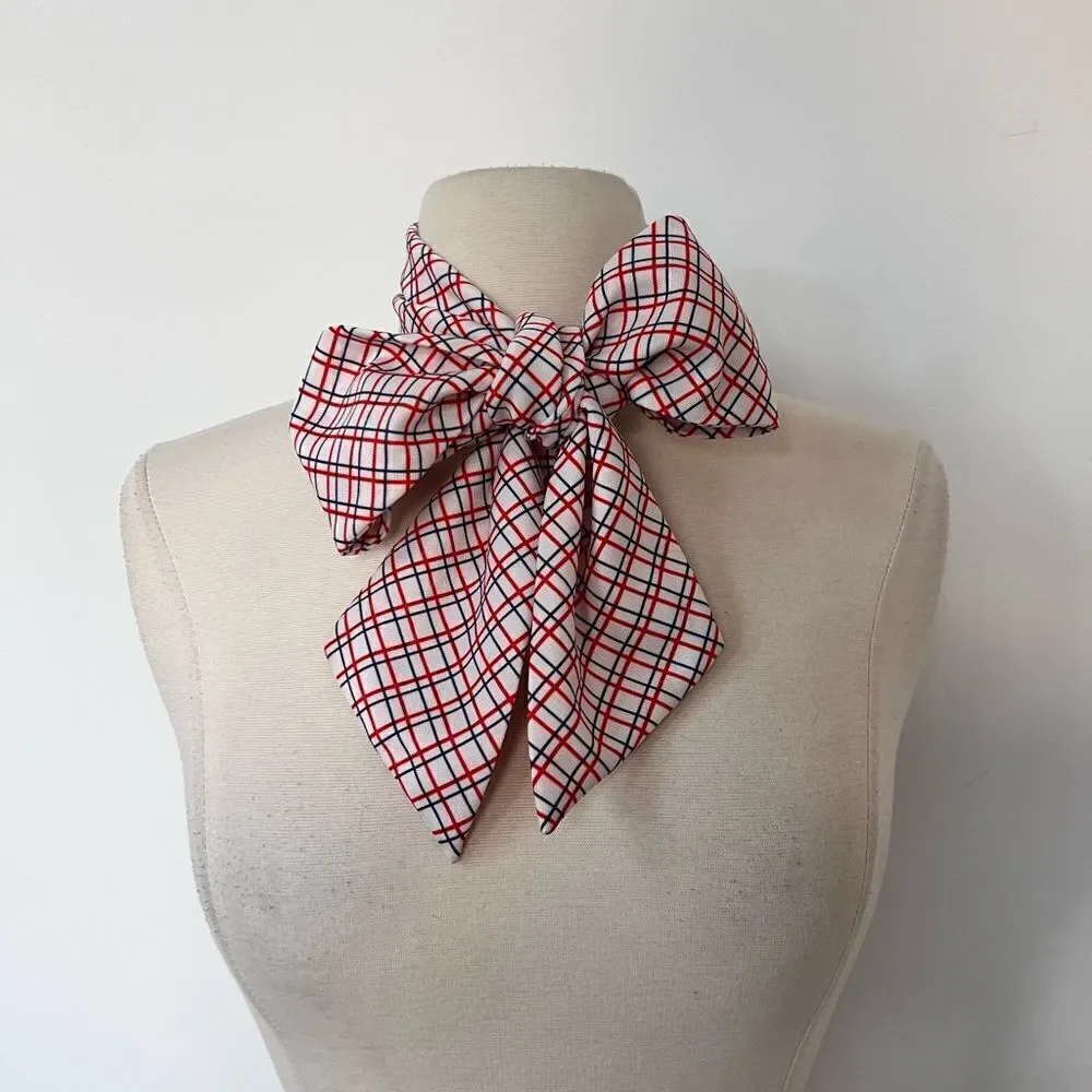True Vintage 1960s / 1970s Red Plaid Check Ascot Pussybow Scarf